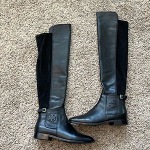 Tory Burch black Wyatt Over the Knee Boot Calf Leahter/Stretch Textile Size 8.5